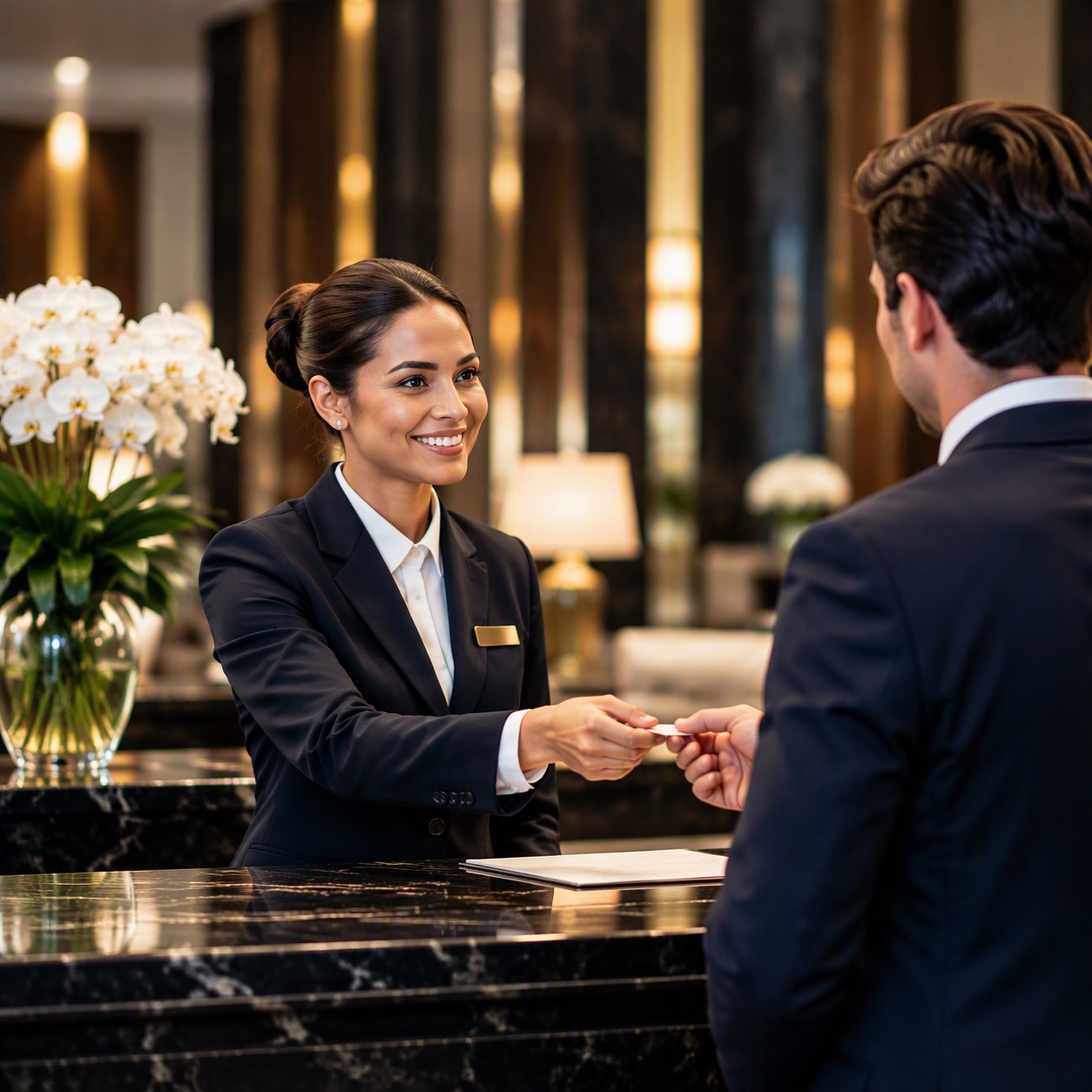 Hotel receptionist welcoming a guest