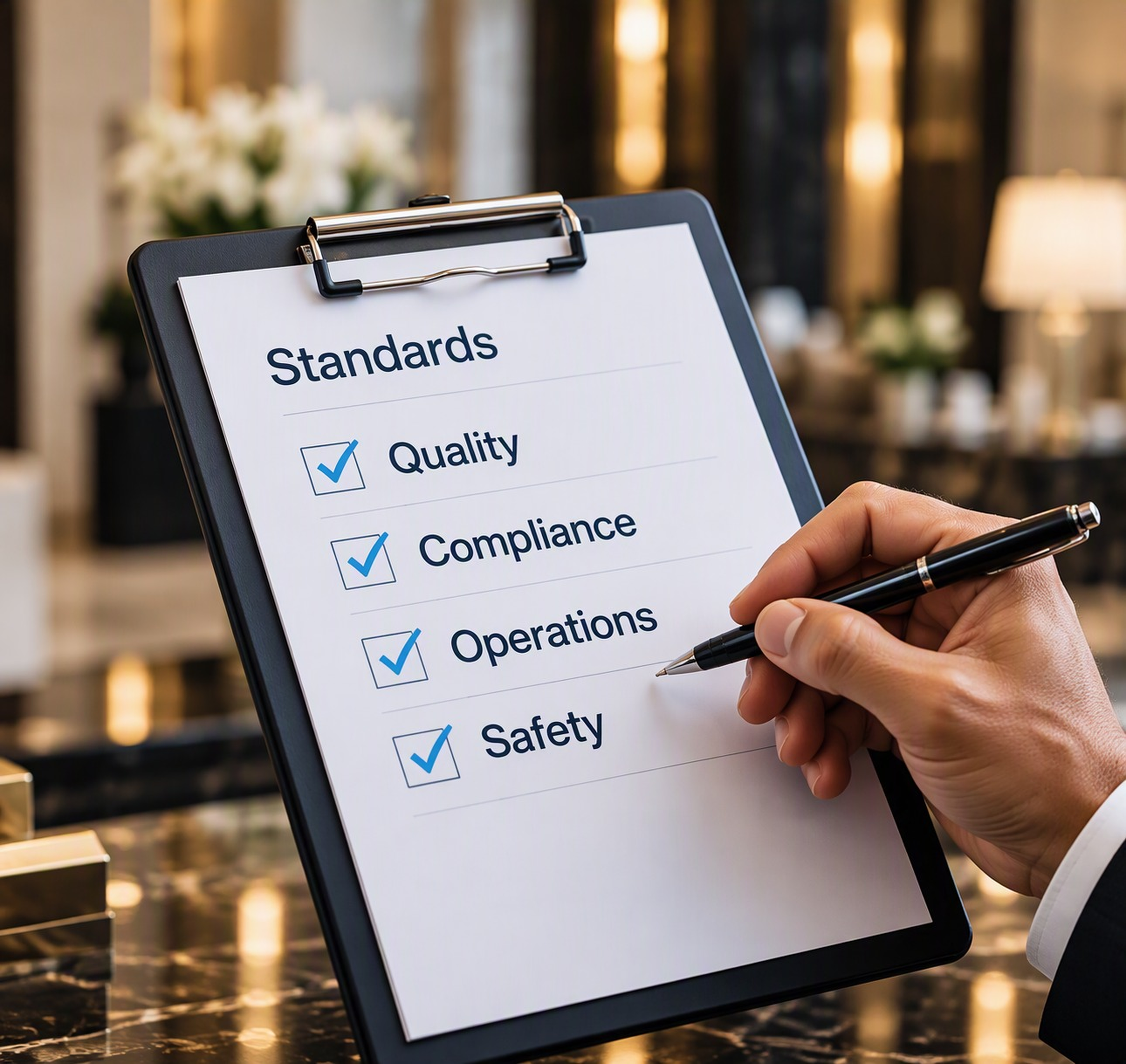 Auditor reviewing hospitality standards on a checklist